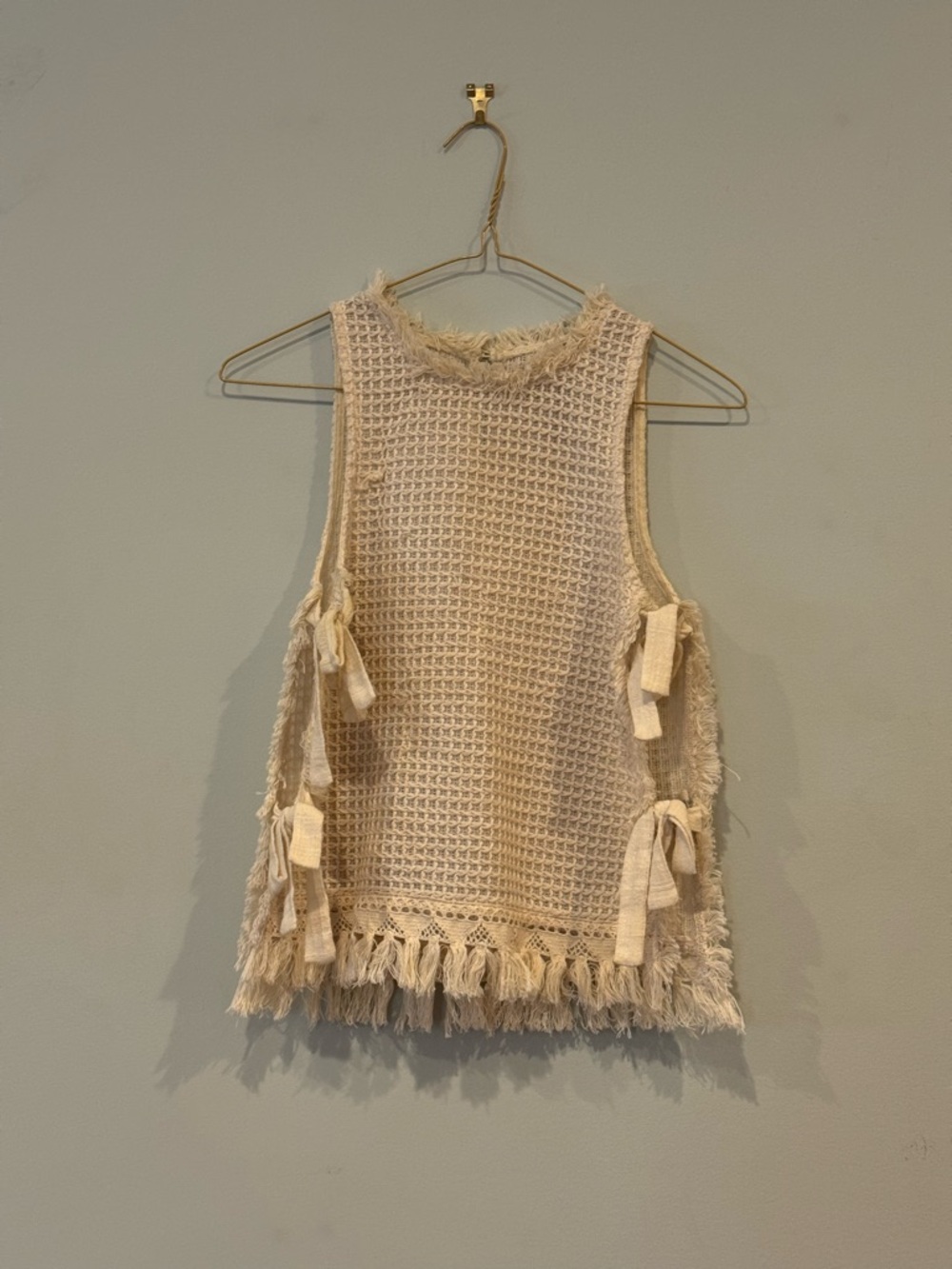 Moon River Cream Open-Weave Fringe Top